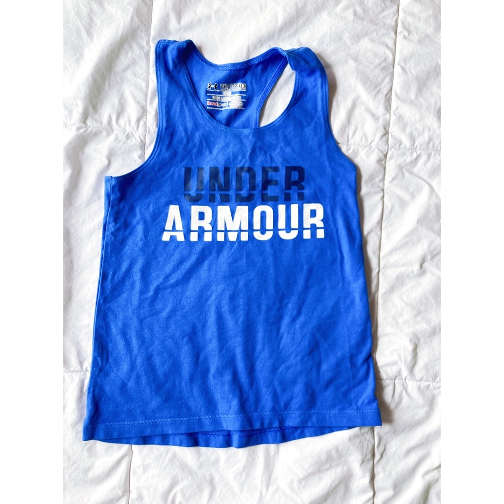 Under Armour Girls Youth XS Racerback Tank Blue with White Black Logo